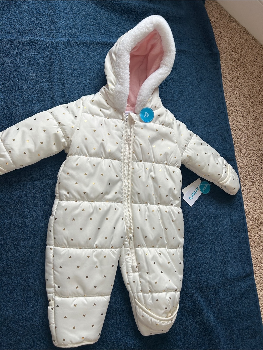 Carter's Cream Hooded One-Piece with Gold Heart Print and Pink Lining